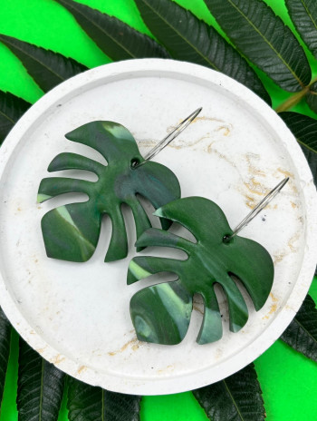 Kolczyki Liść  Monstery z Polymer Clay i Hipoalergicznej Stali Szlache