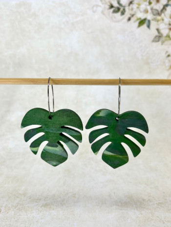 Kolczyki Liść  Monstery z Polymer Clay i Hipoalergicznej Stali Szlache